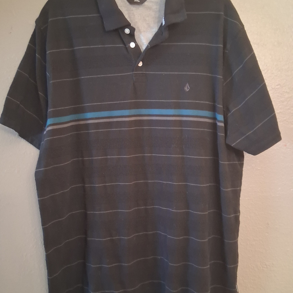Volcom Men's Striped Polo Shirt- Black and Grey Striped With Teal Accent SizeXXL